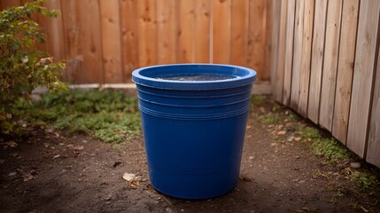 Fototapeta premium A vibrant blue plastic planter filled with water stands beside a wooden fence in a backyard setting