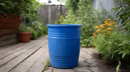 Naklejka premium A bright blue plastic barrel sits on a paved path in a lush backyard garden