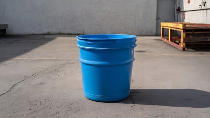 Naklejka premium A bright blue plastic barrel stands on a textured concrete surface in an outdoor industrial setting