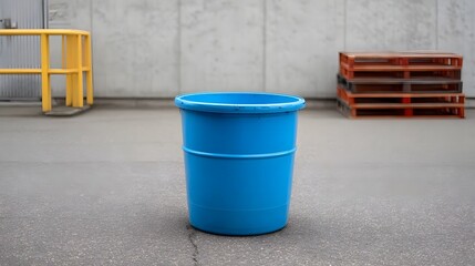 Fototapeta premium A bright blue plastic barrel stands empty on an asphalt ground in an industrial outdoor setting