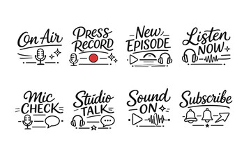 Fototapeta premium Podcast icon set featuring recording elements and headphones