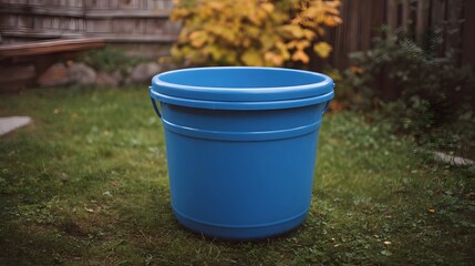 Fototapeta premium A vibrant blue plastic bucket sits empty on green grass in a sunlit backyard setting
