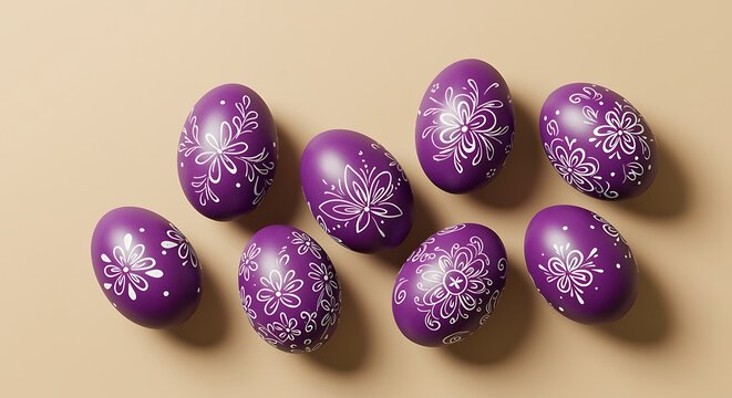 Purple Easter eggs with white floral designs on beige background Easter celebration decoration ideas