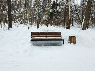 Snow-covered bench and wooden bin in winter forest