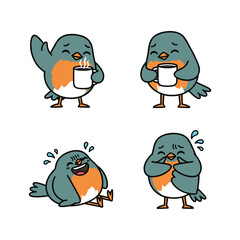 Cartoon bird set with different emotions holding coffee cup in various poses on white background