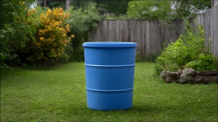 Naklejka premium A blue plastic barrel stands on a green lawn in a backyard setting with lush vegetation