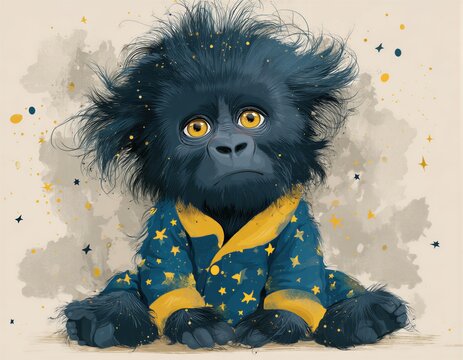 Un adorable gorila beb&eacute; vestido con un pijama estrellado, sentado con expresi&oacute;n melanc&oacute;lica en un fondo salpicado de estrellas.