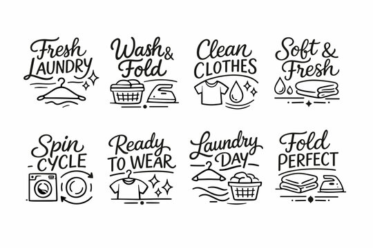 Laundry symbols and text illustrations for fresh, clean, folded clothes
