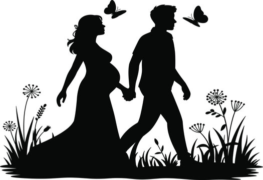 Pregnant woman and partner walking in garden silhouette vector illustration, family expectancy in nature meadow scene