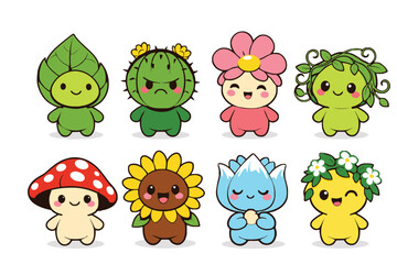 Obraz premium A group of cute cartoon plants and flowers with smiling faces on a white background