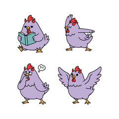Cartoon chickens reading and expressing emotions on white background