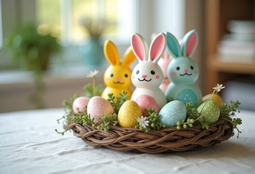 Easter Table Centerpiece with Spring Flowers and Festive Decor. Elegant Easter table centerpiece with fresh spring flowers, candles, and decorated eggs. Perfect seasonal design for home decor, event p