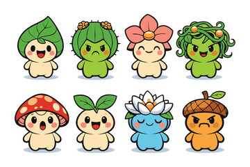 Obraz premium A group of cute cartoon characters with different plant and flower heads smiling