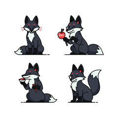Cartoon fox eating apple in different poses with red eyes on white background