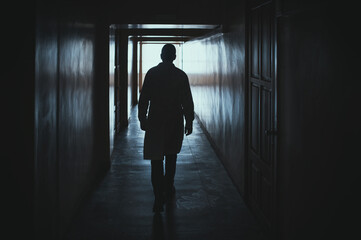 The silhouette of a doctor walking down a dark hospital corridor toward the light. A symbol of hope and healing, faith in miracles, a doctor saving lives, a diagnosis not a death sentence. © illustrissima
