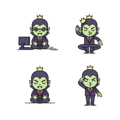Cartoon vampire businessman in various yoga poses with crown on white background