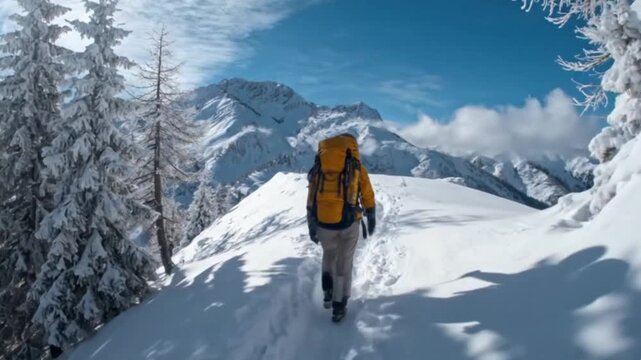 Hiker in yellow jacket and backpack on snowcovered mountain path with snowy trees and a mountain range in the background