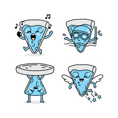 Cartoon pizza slices with different emotions and actions in a fun and playful style