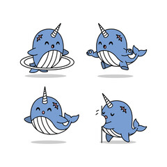 Cute cartoon narwhal characters in different poses with copy space © KHDEJASTOCK