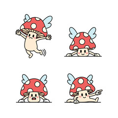 Cartoon mushroom characters expressing different emotions with copy space