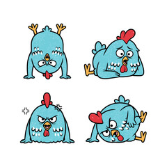 Cartoon blue chicken set with different emotions and expressions on white background