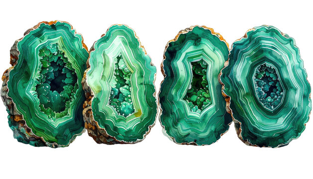 Four polished green geode slices with crystalline interiors