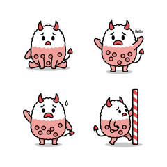 Cute cartoon devil bubble tea character set with different emotions and straw