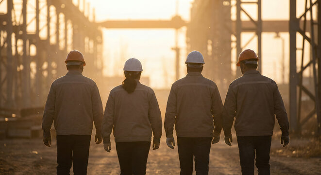 Four construction workers in hard hats walking towards the sunrise at an industrial site, symbolizing hope and progress