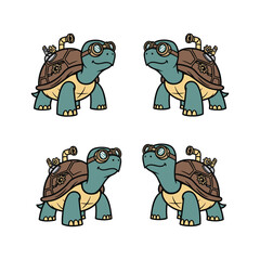 Steampunk turtles with goggles and jetpacks in various poses on white background