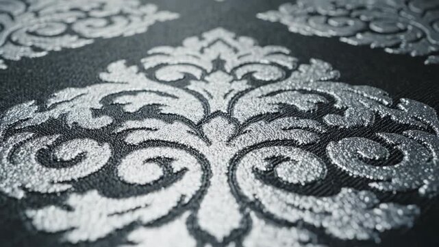 Intricate silver damask pattern embossed on textured dark fabric