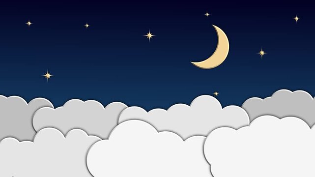 Animation of clouds and a crescent moon with stars in the sky. In a cartoon style. 4K
