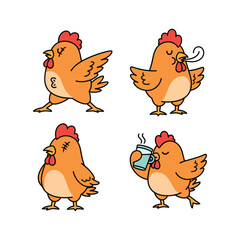 Cartoon chicken set with different emotions and actions in a minimalist style