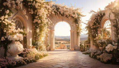 Fototapeta premium Romantic floral archway overlooking a scenic landscape, perfect for weddings.