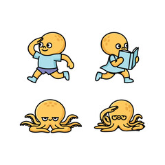 Cartoon character running and reading with octopus transformation in playful style