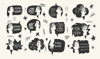 People Chatting with Speech Bubbles, Abstract Communication and Mental Health Doodle Set