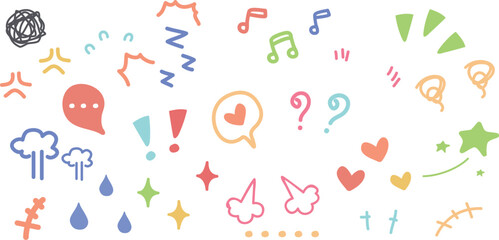 パステルカラーの手描き風ゆるかわ感情アイコン＆リアクション記号セット｜吹き出し・ハート・音符・汗・怒りマークなどSNSや動画装飾に使えるポップ素材集 © 桜 花見