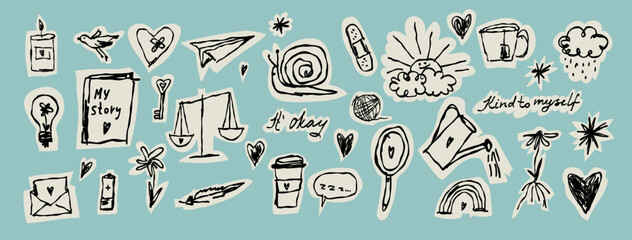 Self-Care and Mental Health Hand Drawn Doodle Sticker Collection
