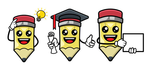 Set of cute pencil mascot illustration.