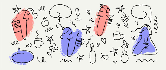 Minimalist People Relaxing Doodle Set, Shaky Line Characters Drinking Coffee and Reading