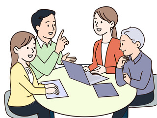 Group of coworkers having a discussion at round table, flat vector illustration