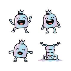 Cartoon marshmallow characters with crown expressing different emotions and actions