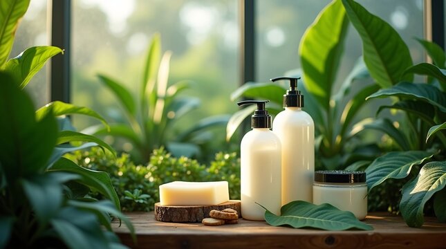 Natural Skincare Products with Greenery on Wooden Surface