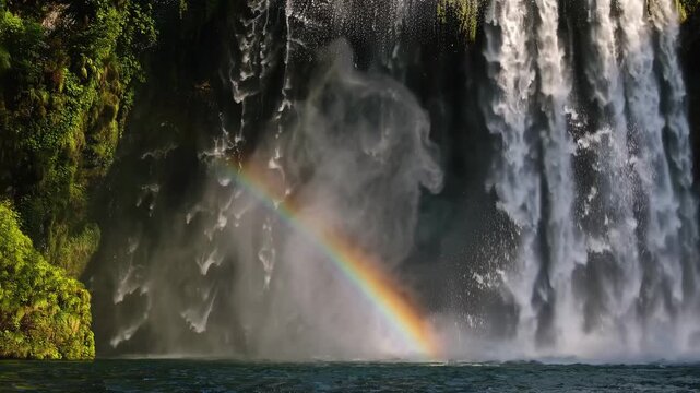 A mesmerizing video captures a close-up, eye-level view of a waterfall cascading down lush greenery, with a vibrant rainbow in the mist.