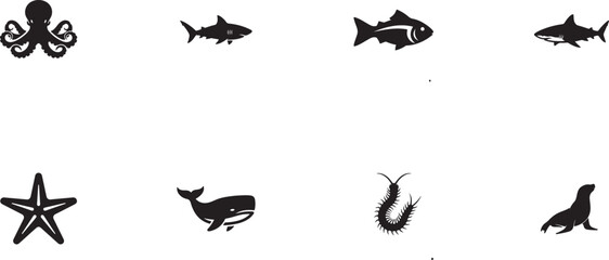 Sea creatures icon set. Includes octopus, fish, starfish, whale, squid, seal, shark. Created in black silhouette style.