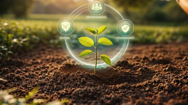 Hands Planting Young Tree Sapling in Soil with Smart Agriculture Data HUD