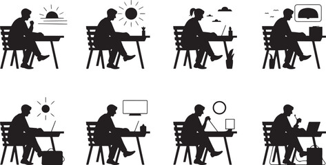 Black silhouette of people sitting at desks working on computers or relaxing black silhouettes people working