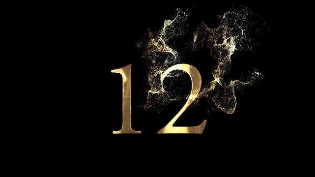 Golden number 12 from particles, numbering, twelve, golden numbers, alpha channel, numerology, beautiful golden numbers with particles on a transparent background