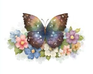 Early morning butterfly concept, A colorful butterfly surrounded by vibrant blooming flowers.