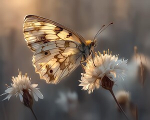 Early morning butterfly concept, A delicate butterfly perched on blooming white flowers.