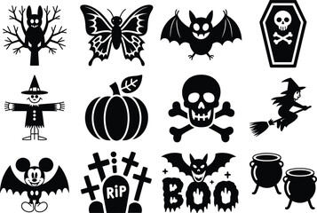Obraz premium Halloween, spooky, icon, set, vector, illustration, black, silhouette, symbols, isolated, on, white, background